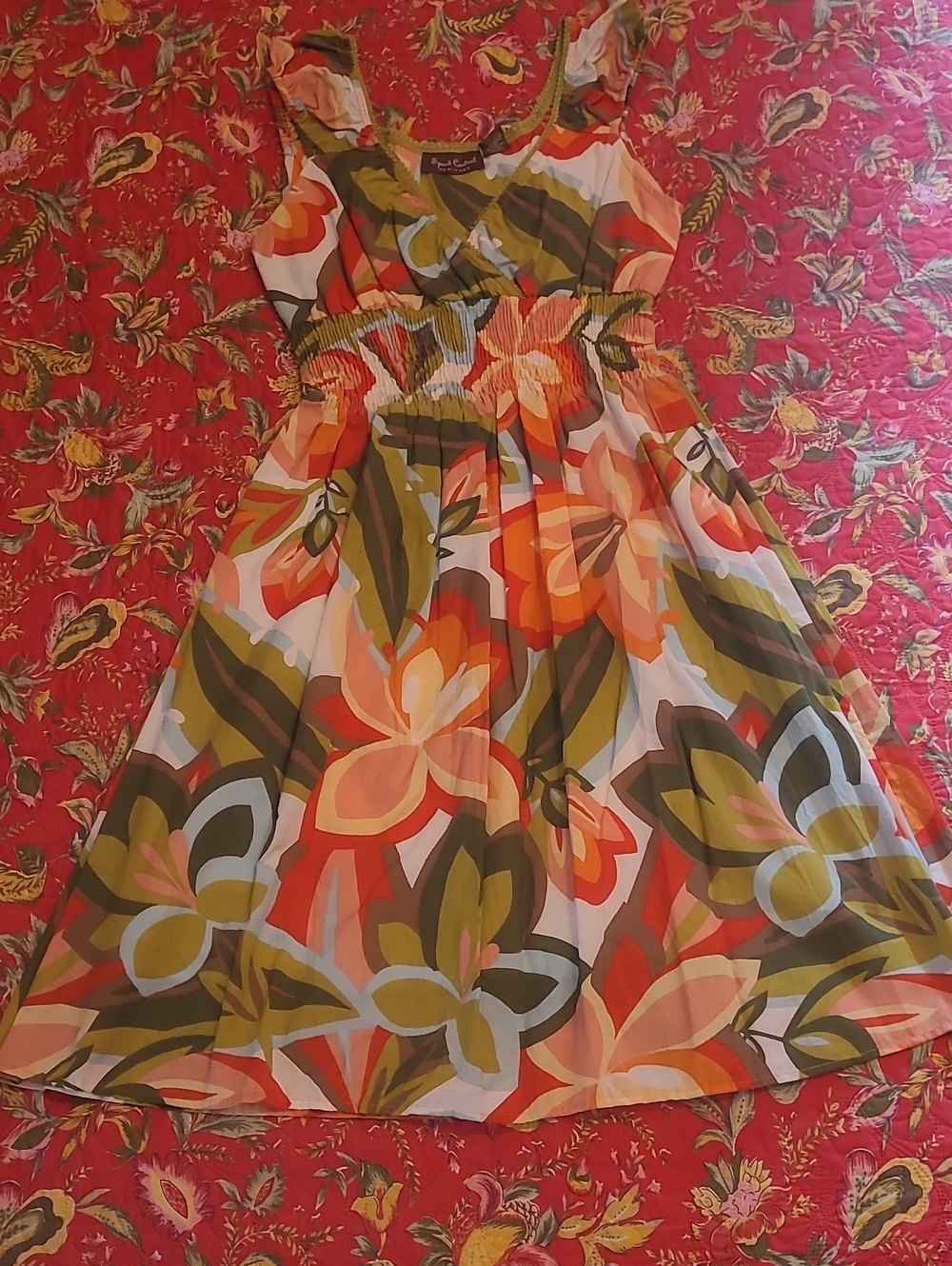 Speed Control Floral Tiered Sundress in Orange and Olive Size Large